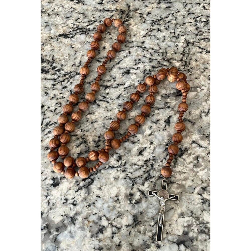 Rosary Cross Carved Olive Wood Beads With 4" Crucifix Catholic Prayer Wall Art.